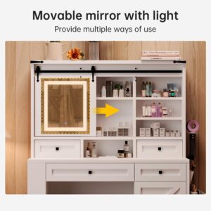 MXV 42" Large Vanity Desk with LED Lighted Mirror & Power Outlet, Makeup Vanity Table with Drawers & Cabinet, Make Up Vanity Desks, Movable Mirror, 3 Lighting Modes, for Bedroom, White