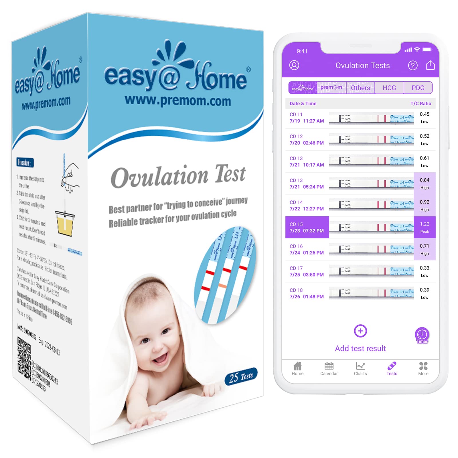 Easy@Home Digital Basal Thermometer with Blue Backlight LCD Display + Easy@Home Ovulation Test Strips, 25 Pack Fertility Tests + Easy@Home Pregnancy Test Sticks