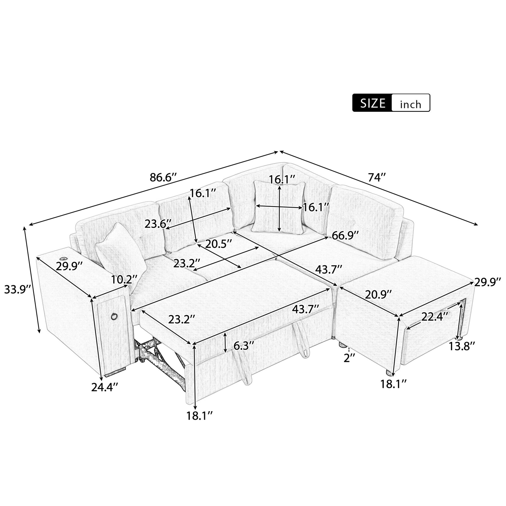 P PURLOVE Pull-Out Sofa Bed, Chenille L-Shaped Sectional Sofa Couch with a Movable Ottoman, 2 USB Ports and 2 Cup Holders for Living Room (Beige)