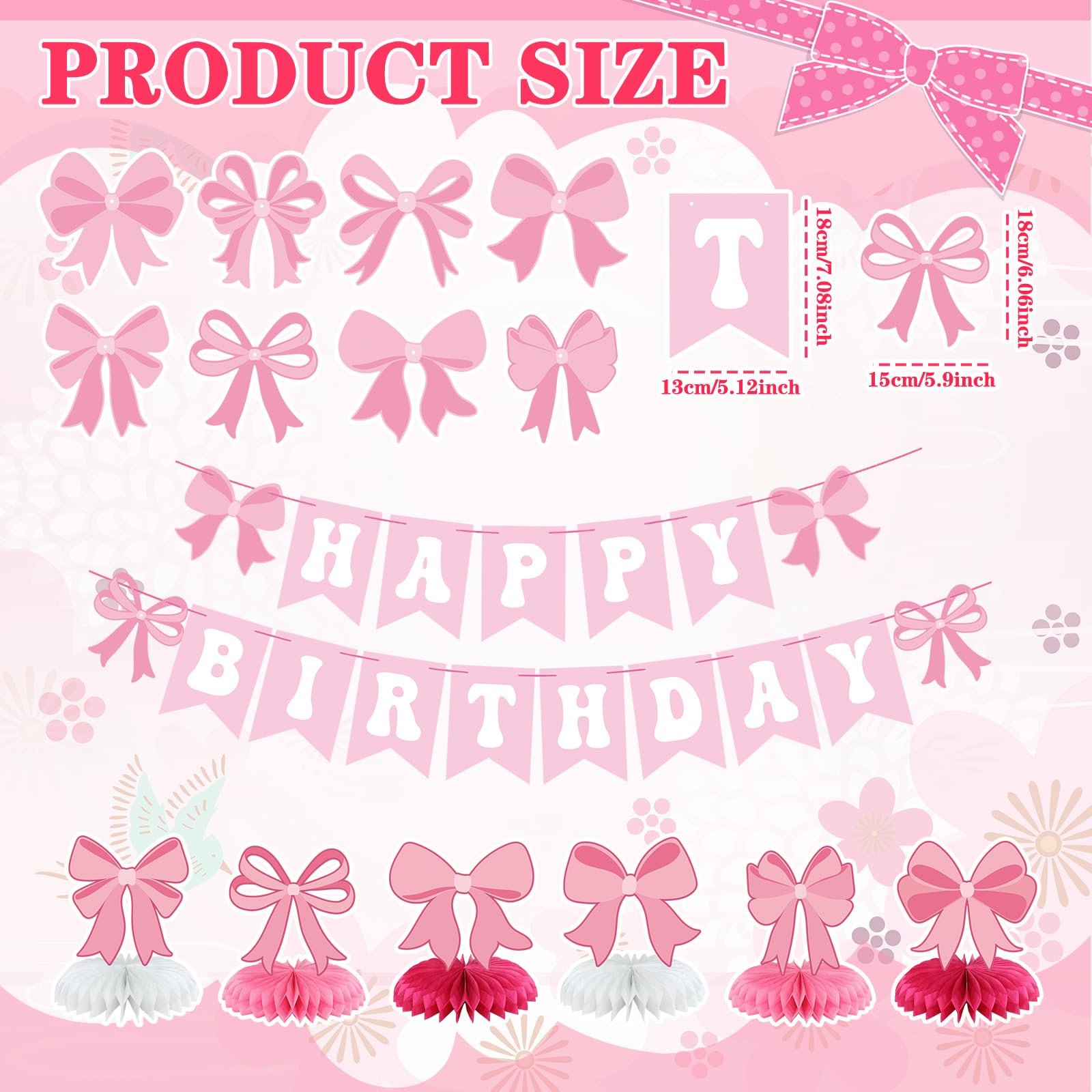 Fanfanwin 24 Pcs Coquette Pink Bow Party Decorations Pink Bow Birthday Party Favors Pink Bow Banners Ribbons Hanging Swirls Honeycomb Centerpieces for Women Baby Shower Christmas Party