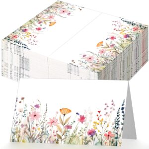 dunzoom 100 pcs floral place cards 3.5" x 2" wildflower tented cards name cards blank table name sign for wedding baby shower party banquet table setting supplies