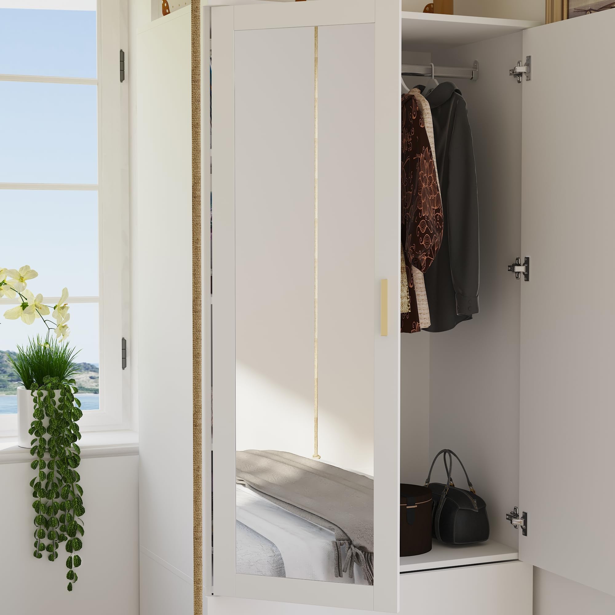 AIEGLE 2 Doors Wardrobe Armoire with Mirror, Freestanding Mirrored Armoire Wardrobe Closet with 2 Drawers, Shelves & Hanging Rod, Bedroom Wooden Clothes Organizer, White (31.5" W x 18.9" D x 72" H)