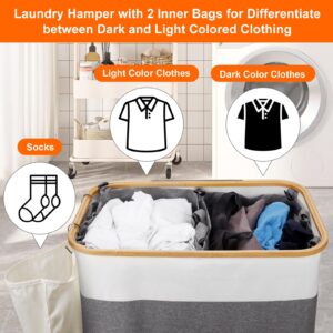 Laundry Hamper with Lid, 150L Large Laundry Basket with Bamboo Handles and Removable Bags, Collapsible Dirty Clothes Hamper, 2 Section Laundry Bin Organizer for Bedroom,Bathroom,Laundry Room, Grey