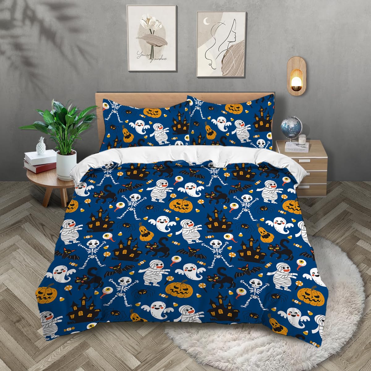 Halloween Comforter Sets Pumpkin Bat Cobweb Pattern Bedding Set Plaid Duvet Cover Soft Microfiber Halloween Theme Comforter Cover with 2 Pillowcase and 1 Comforter (Halloween2,Twin66”X90“)