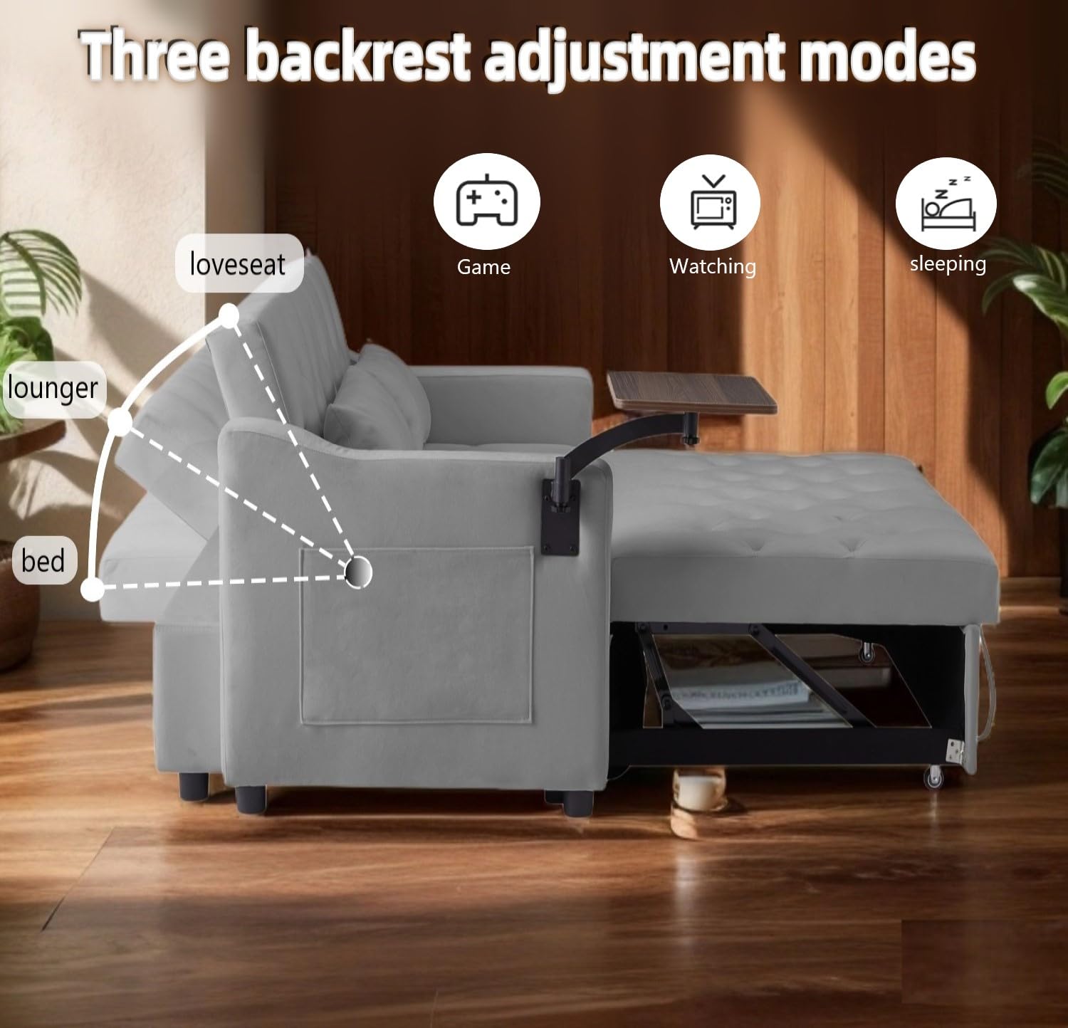 Auvsoce 3 in 1 Multi-Functional Convertible Sleeper Sofa Bed, Love Seat with rotatable Side Table,Modern Velvet Fabric, Ideal for Apartment Living Room Bedroom