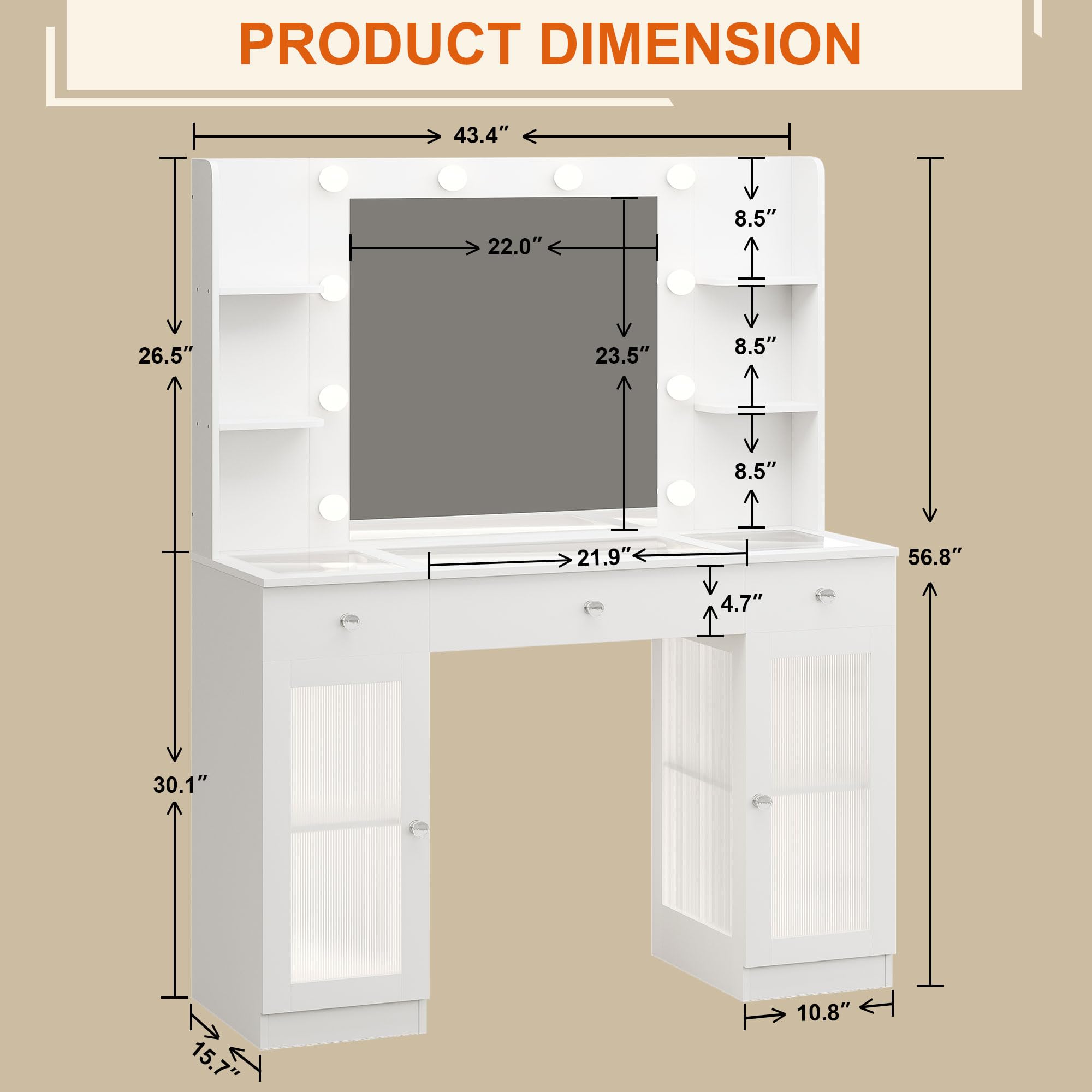 IFSEB Makeup Vanity with Glass Top, White Vanity Desk with Mirror and Lights, Big Vanity with Drawers & Cabinets for Bedroom, Cute Vanity with Crystal Knobs & Power Outlet for Women, Girls