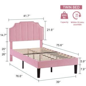 VECELO Twin Upholstered Platform Bed Frame for Kids,Girls,Boys,with Tufted Adjustable Headboard/Mattress Foundation/Wood Slat Support,Easy Assembly,Pink