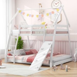 costzon twin over queen bunk bed, house shaped bed frame with climbing nets and ramp, safety guardrail, no box spring needed, wooden kids bed for boys girls (white, twin over queen)