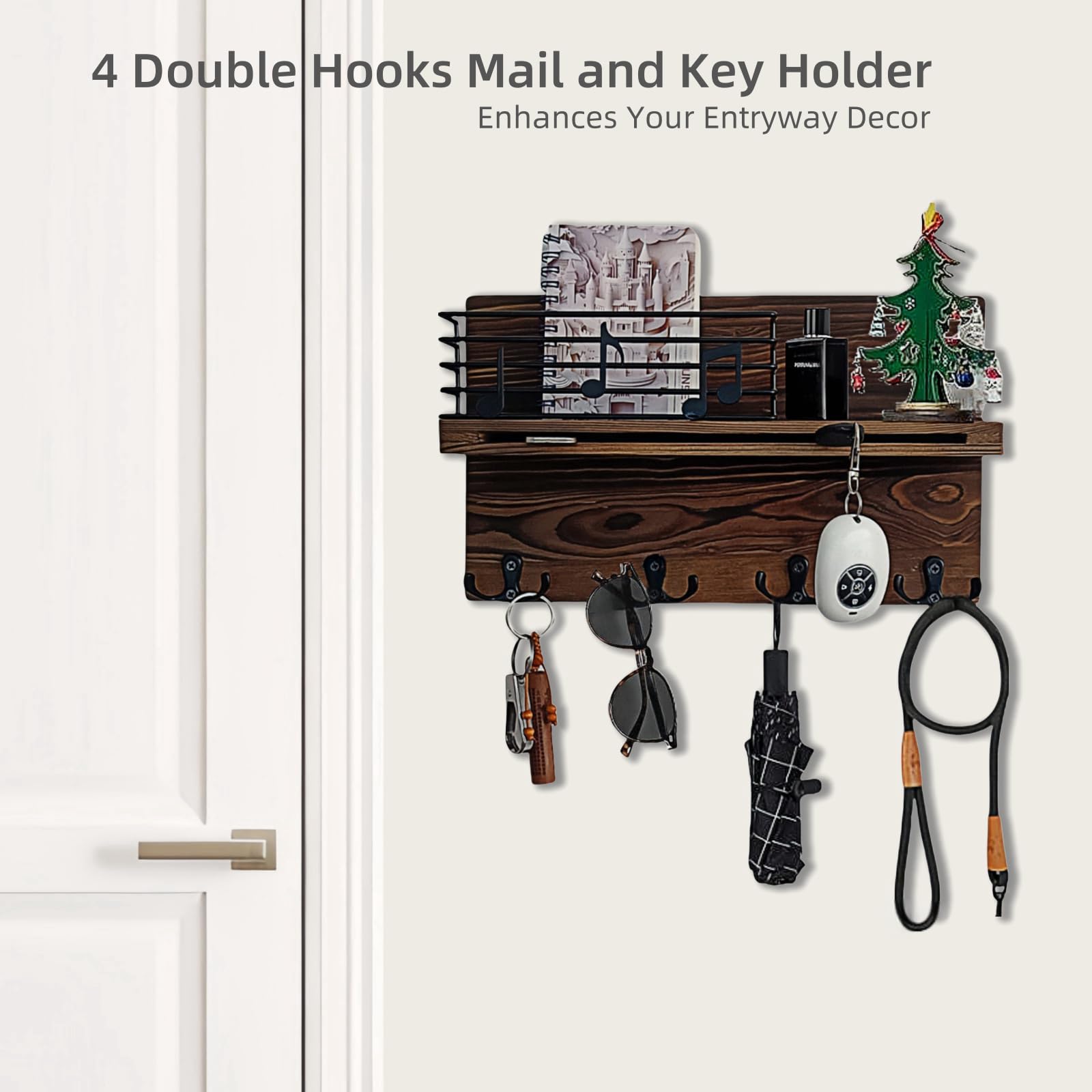 Styptika Mail and Key Organizer for Wall, Key Holder Wall Mount with Musical Note Design, Mail Organizer Wall Mounted, Mail Key Holder Wall Mount, Key Holder for Wall with 4 Double Hooks for Entryway