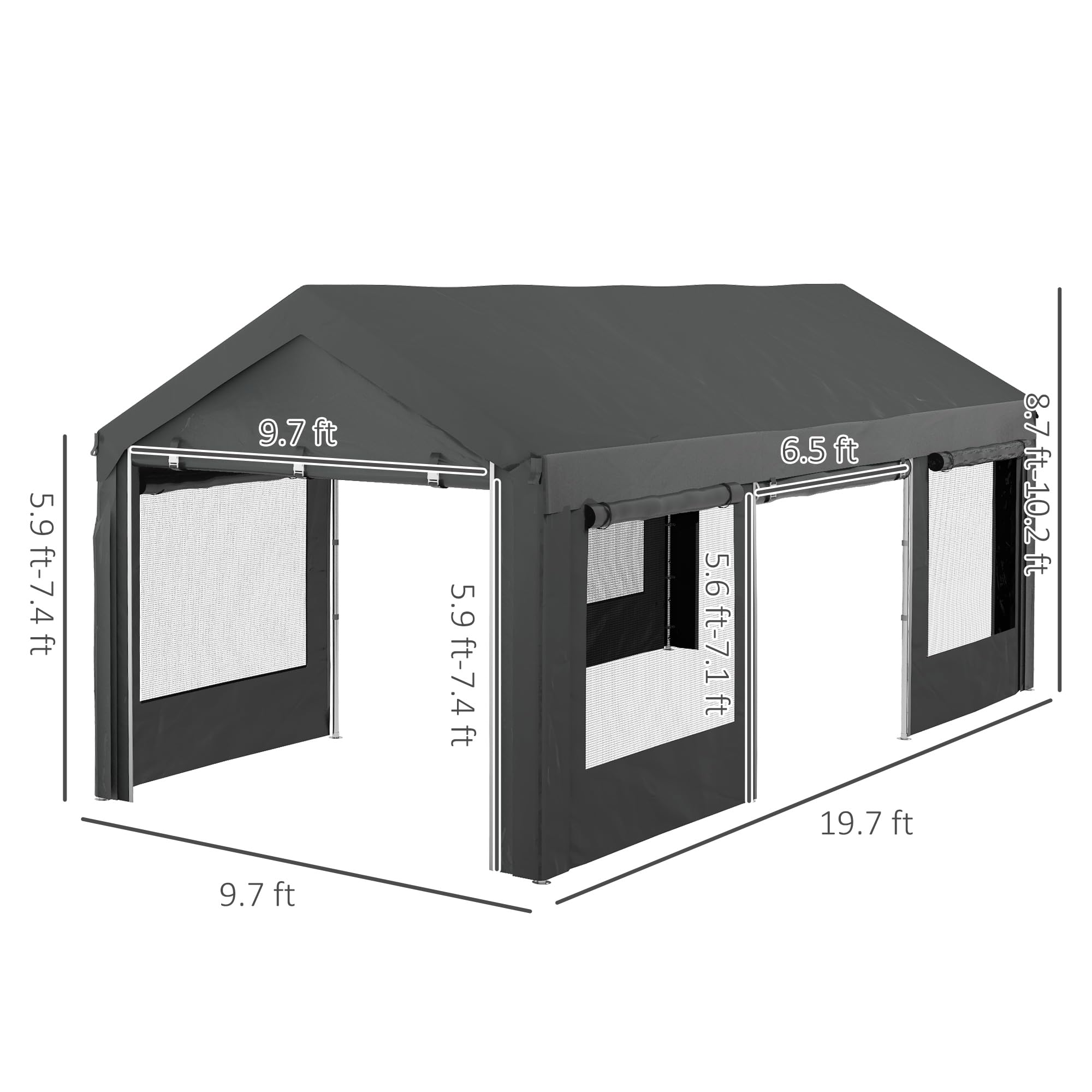 Outsunny Carport 10' x 20' Portable Garage, Height Adjustable Heavy Duty Car Port Canopy with 4 Ventilated Windows & 4 Roll-up Doors for Garden Tools, Car, Truck, Boat, Dark Gray