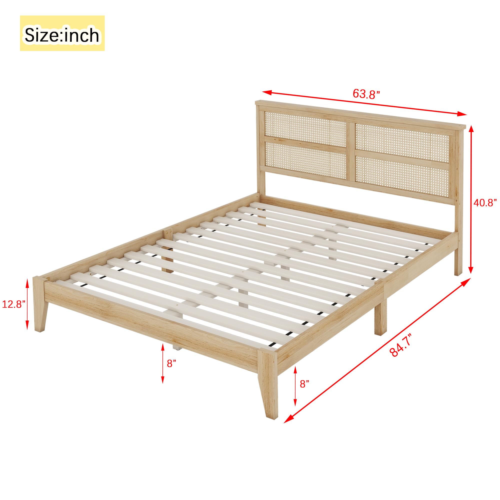 Queen Size Bed Frame with Rattan Headboard,Solid Wood Platform Bed with Strong Wooden Slats,Queen Bedframe,No Box Spring Needed, Natural