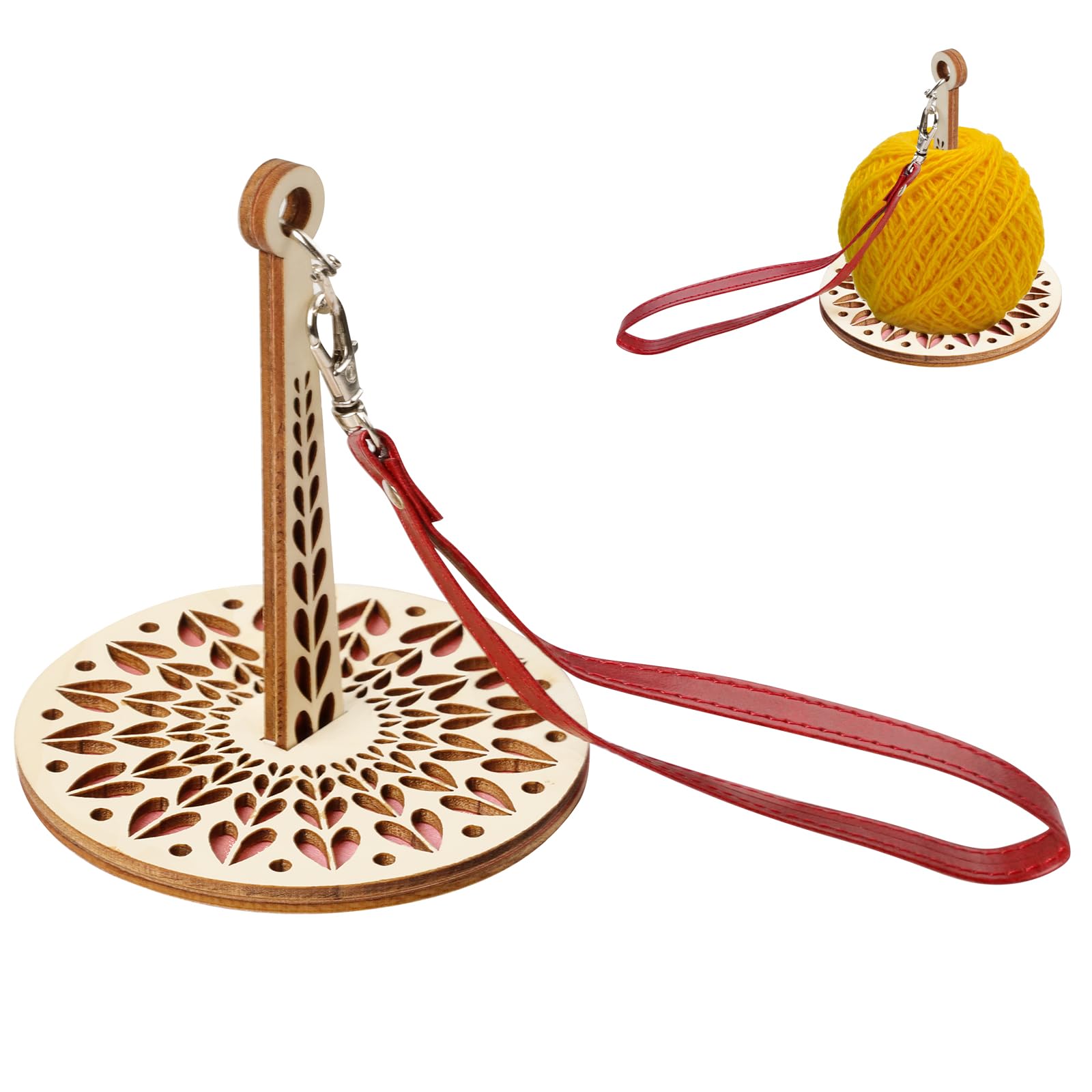 LLMSIX Portable Yarn Holder, Crochet Yarn Holder with Leather Wrist Strap Wooden Yarn Ball Holder Storage Knitting Accessories for Knitting Crocheting Craft Lover (Red Love)