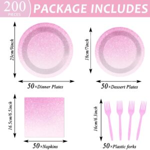 200 Pcs Ombre Pink Tableware Set Gradient Light Pink Party Decors Paper Plates Napkins Pastel Pink Sprinkle Dinnerware Party Supplies for Girl Woman Birthday Wedding Anniversary for 50 Guests