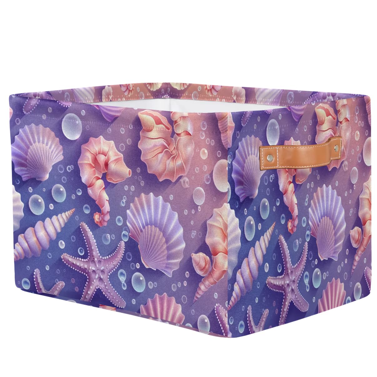 Xosoxruk Seashell Starfish Purple Collapsible Storage Bins Fabric Storage Baskets for Shelves Rectangular Shelf Basket for Organizing Home Decor Closet Bin with Handles 1 Pack