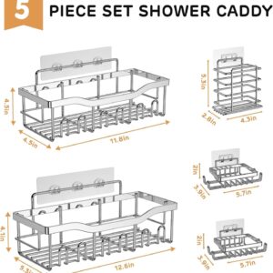 XIWAMA Shower Organizer No Drilling, 5 Pack Rustproof Stainless Steel Shower Shelves, Thickened Shower Caddy with Soap Holder and Hooks, Large Capacity Shower Shelf for Bathroom and Kitchen (Silver)