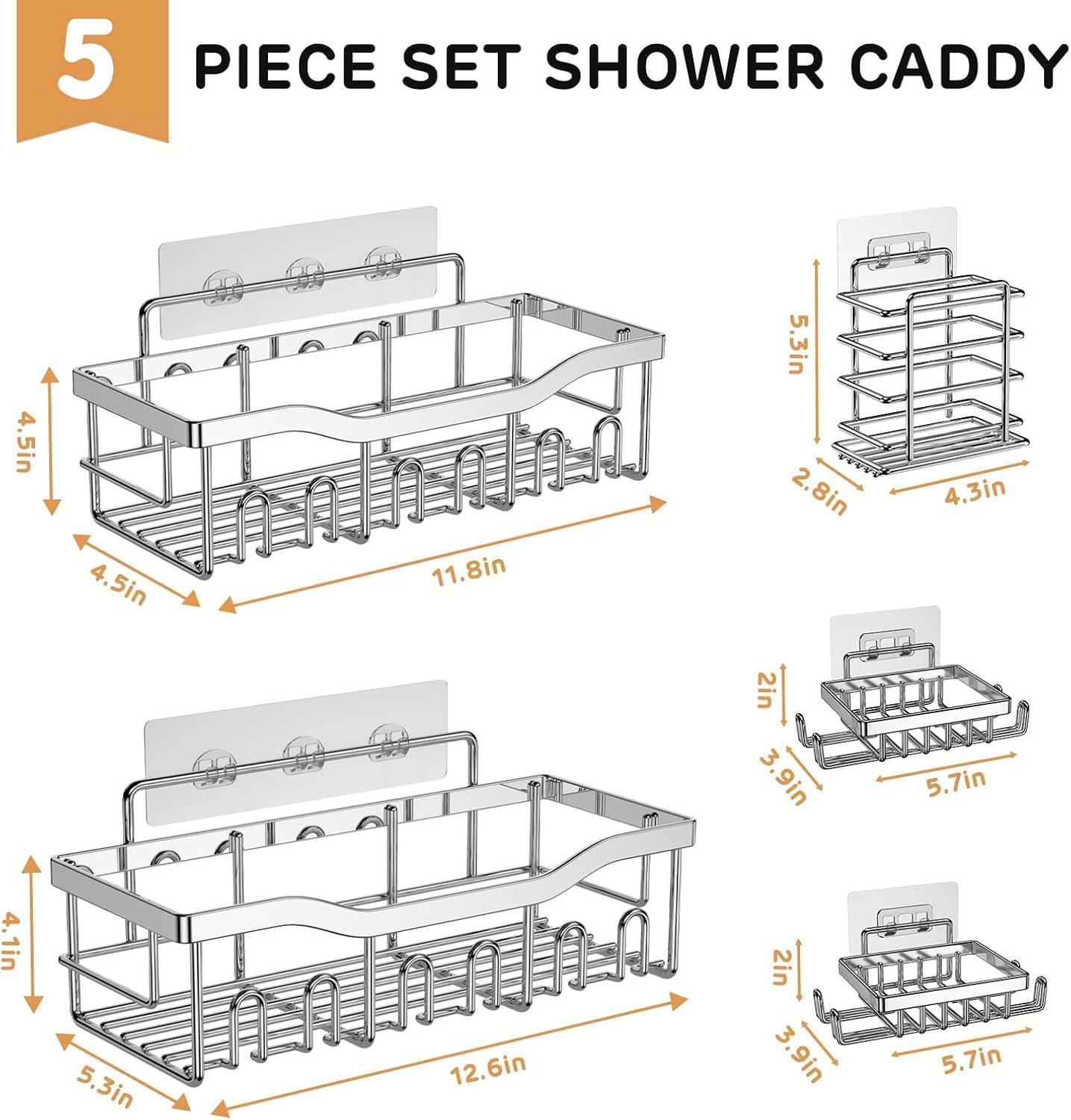 XIWAMA Shower Organizer No Drilling, 5 Pack Rustproof Stainless Steel Shower Shelves, Thickened Shower Caddy with Soap Holder and Hooks, Large Capacity Shower Shelf for Bathroom and Kitchen (Silver)