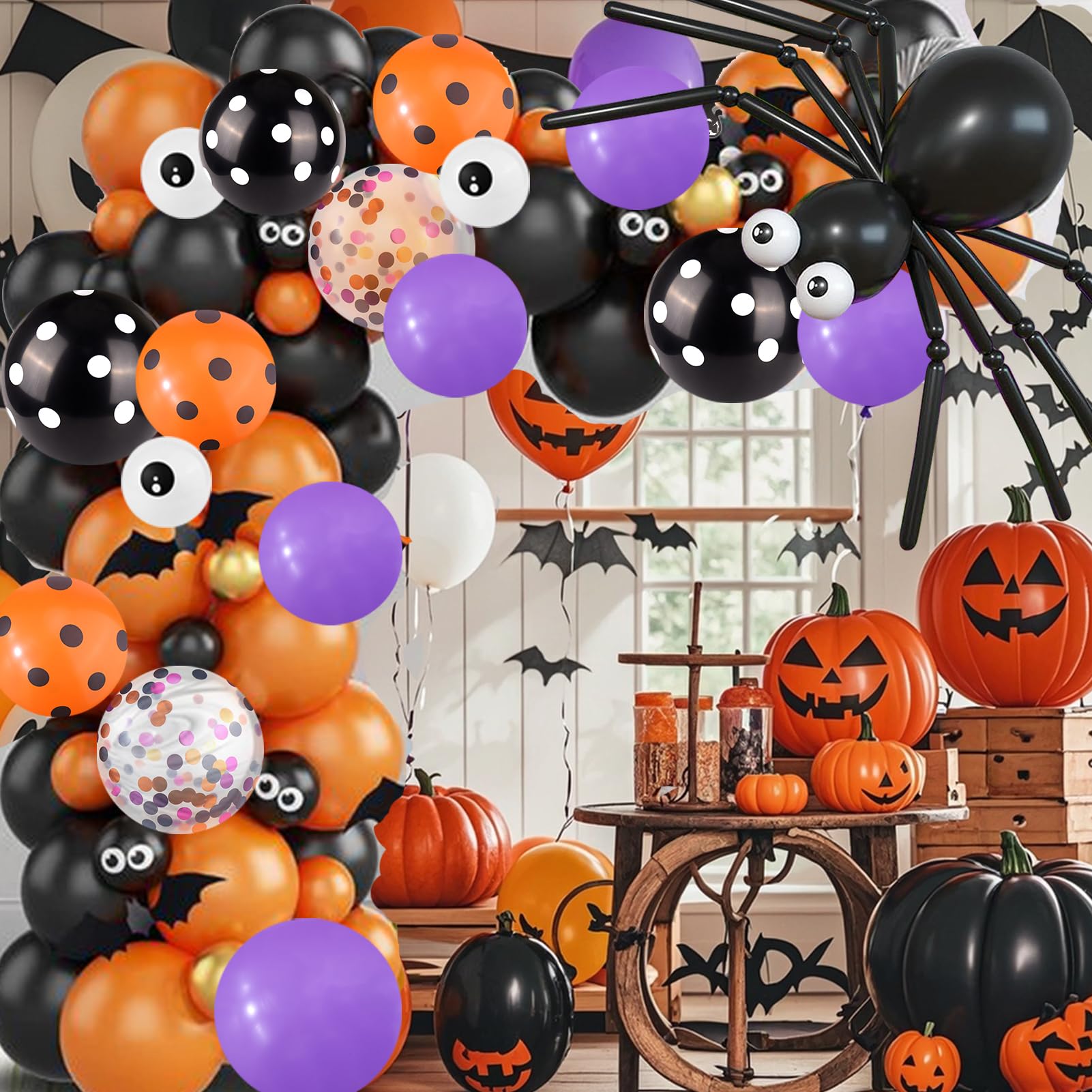 123 Pcs Halloween Balloons, Huge Spider Balloon Garland Arch kit Black Orange Purple Confetti Helium Latex Balloons for Birthday, Baby Shower, Outdoor Indoor Halloween Party Decorations Supplies