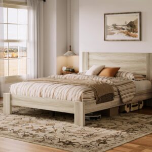 LINSY Queen Bed Frame Wood with Headboard, Farmhouse Bed Frame Queen Size, Wood Platform Bed Fast Assembly, Noise-Free, No Box Spring Needed - Beige