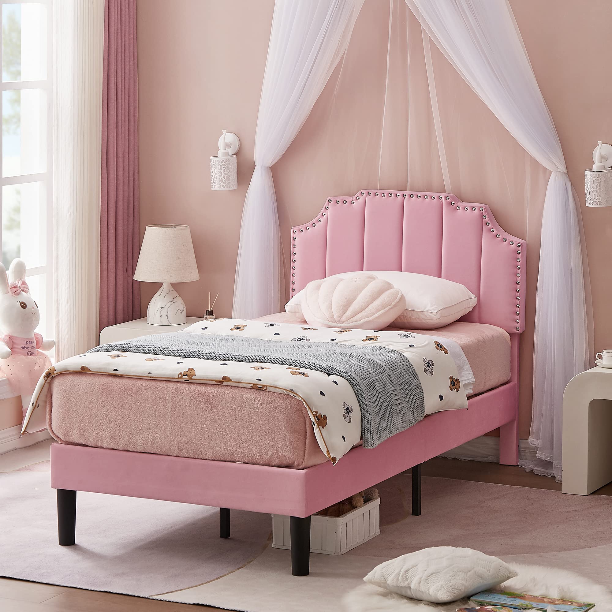 VECELO Twin Upholstered Platform Bed Frame for Kids,Girls,Boys,with Tufted Adjustable Headboard/Mattress Foundation/Wood Slat Support,Easy Assembly,Pink