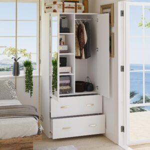 AIEGLE 2 Doors Wardrobe Armoire with Mirror, Freestanding Mirrored Armoire Wardrobe Closet with 2 Drawers, Shelves & Hanging Rod, Bedroom Wooden Clothes Organizer, White (31.5" W x 18.9" D x 72" H)