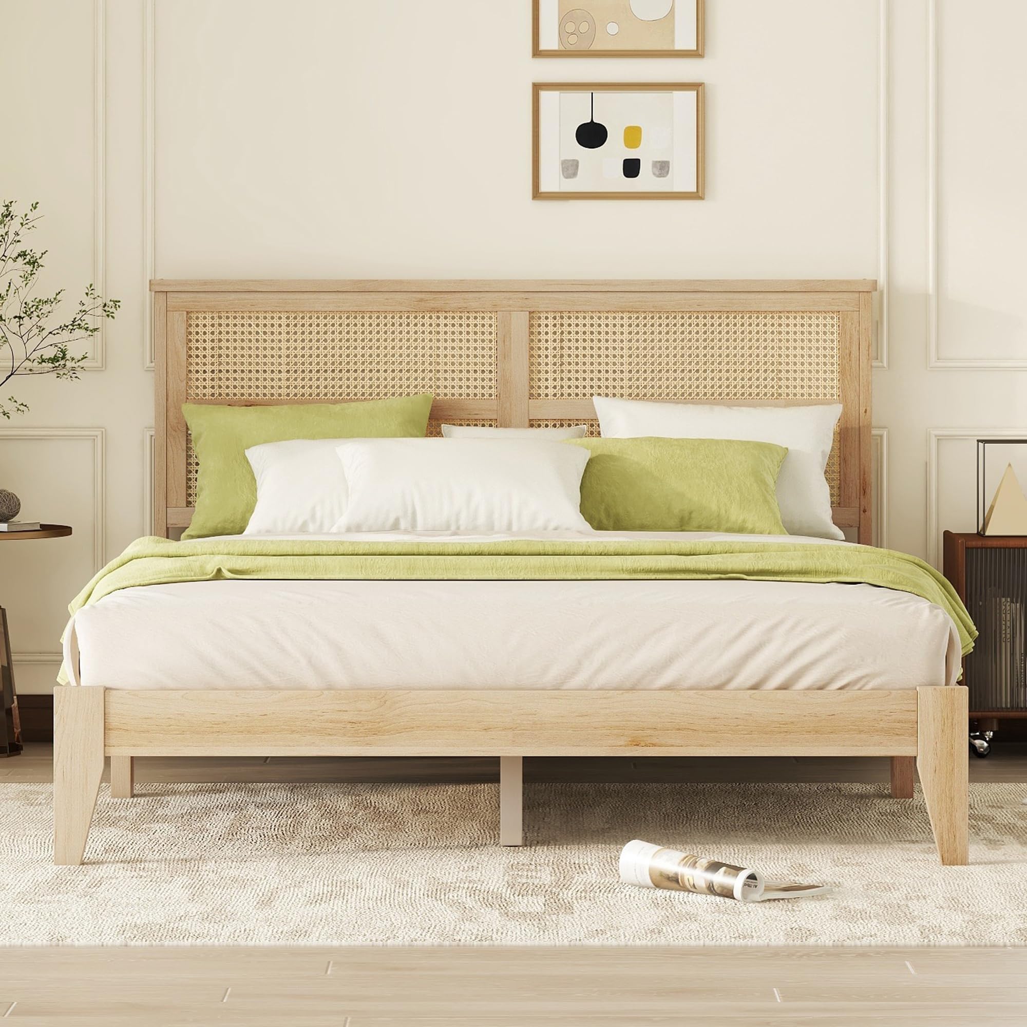 Queen Size Bed Frame with Rattan Headboard,Solid Wood Platform Bed with Strong Wooden Slats,Queen Bedframe,No Box Spring Needed, Natural