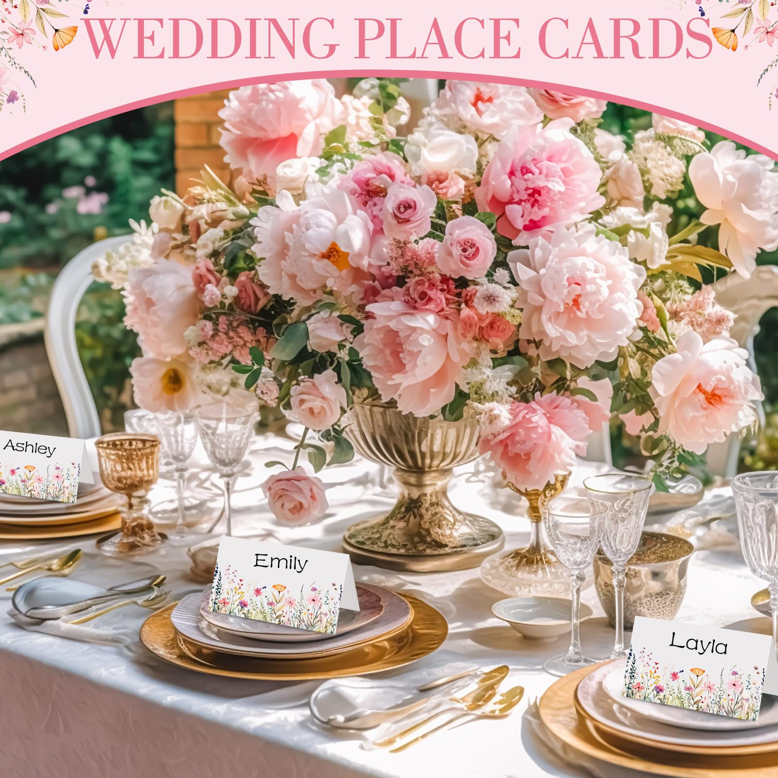 Dunzoom 100 Pcs Floral Place Cards 3.5" x 2" Wildflower Tented Cards Name Cards Blank Table Name Sign for Wedding Baby Shower Party Banquet Table Setting Supplies