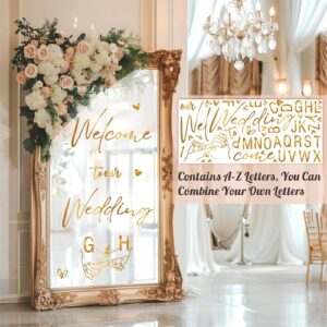 Wedding Welcome Signs Welcome to Our Wedding Signs Mirror Decals for Wedding Party Entry DIY A to Z Letter Stickers for Just Married Welcome Sign Decoration Mr and Mrs Decals for Photo Backdrop(Gold