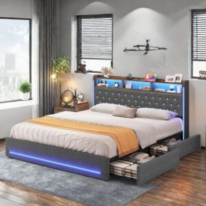 yitahome queen size bed frame w/4 drawers, upholstered bed frame with led lighting, storage bed frame w/device charging hub, box spring not required, elegant gray