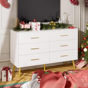 lynsom white dresser for bedroom, 6 drawer wood double dresser with gold handles, modern wide chest of organizer storage drawers for living room, hallway, entryway