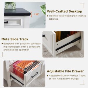 JXQTLINGMU 53INCH Home Office Desk, Modern Farmhouse Computer Desk with File Cabinet Letter T4 F4 Legal, Study Writing Desk, Off White