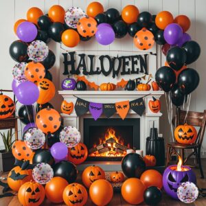 123 Pcs Halloween Balloons, Huge Spider Balloon Garland Arch kit Black Orange Purple Confetti Helium Latex Balloons for Birthday, Baby Shower, Outdoor Indoor Halloween Party Decorations Supplies