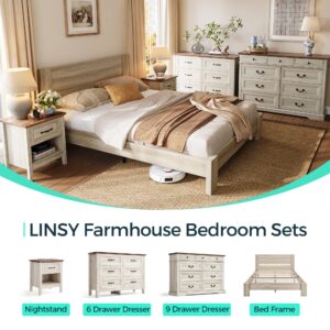 LINSY Queen Bed Frame Wood with Headboard, Farmhouse Bed Frame Queen Size, Wood Platform Bed Fast Assembly, Noise-Free, No Box Spring Needed - Beige