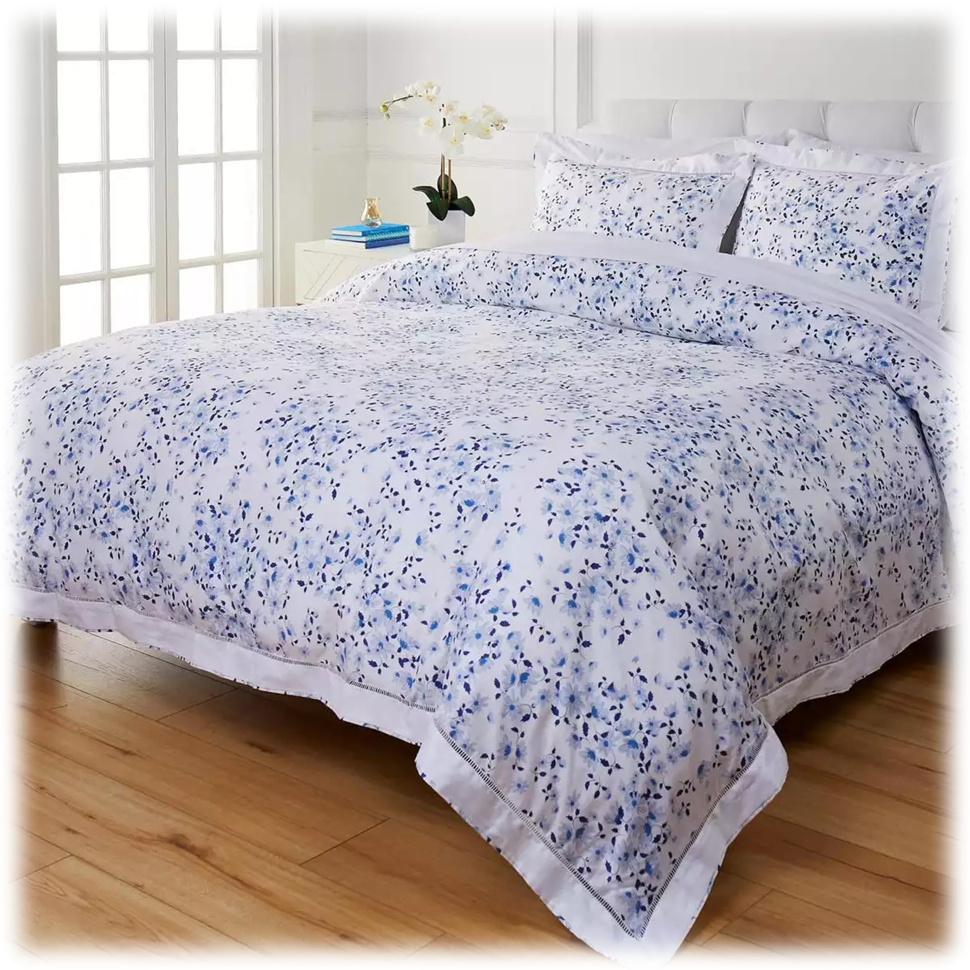 Clover by Jo 100% Cotton Floral Duvet Cover Set (Denim, Cal/King)