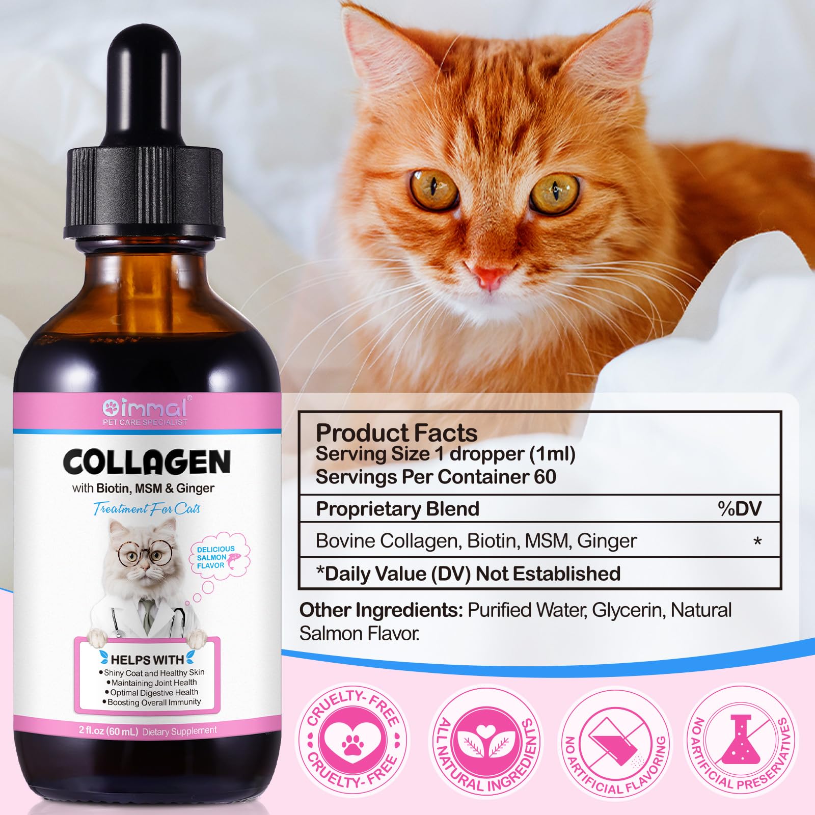 Skin and Coat Supplement for Cats, Collagen for Dogs, Liquid Collagen Boost for Cats, Itch Relief for Cats with Allergies, with Biotin, Support Joints, Skin, Bone & Immune System 2fl.oz