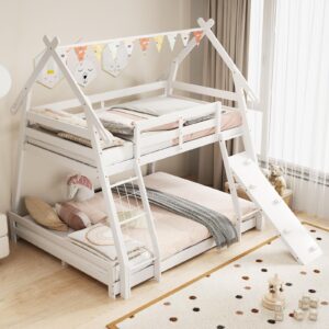 Costzon Twin Over Queen Bunk Bed, House Shaped Bed Frame with Climbing Nets and Ramp, Safety Guardrail, No Box Spring Needed, Wooden Kids Bed for Boys Girls (White, Twin Over Queen)