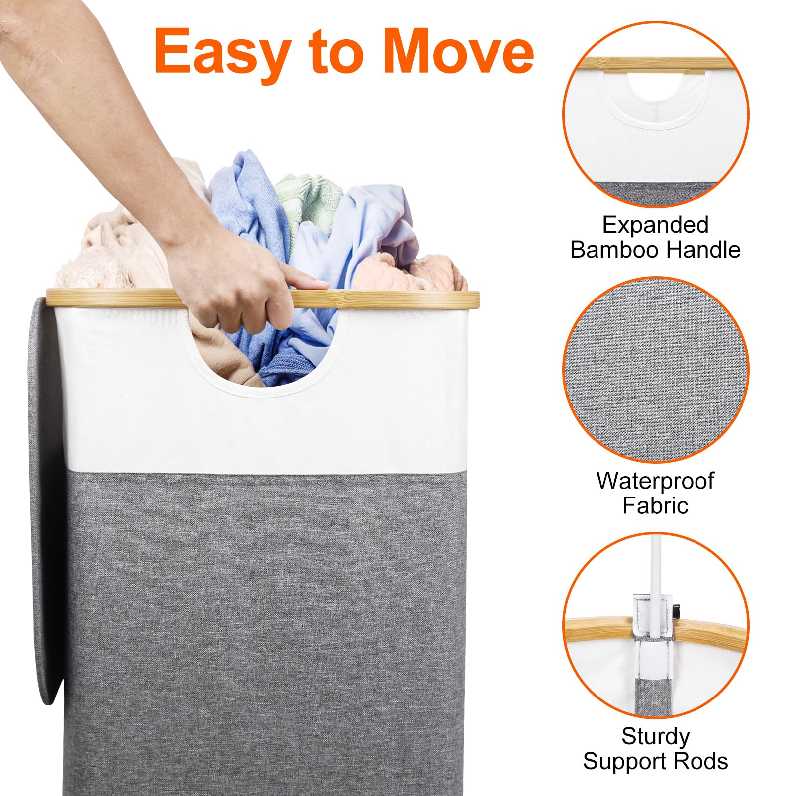 Laundry Hamper with Lid, 150L Large Laundry Basket with Bamboo Handles and Removable Bags, Collapsible Dirty Clothes Hamper, 2 Section Laundry Bin Organizer for Bedroom,Bathroom,Laundry Room, Grey