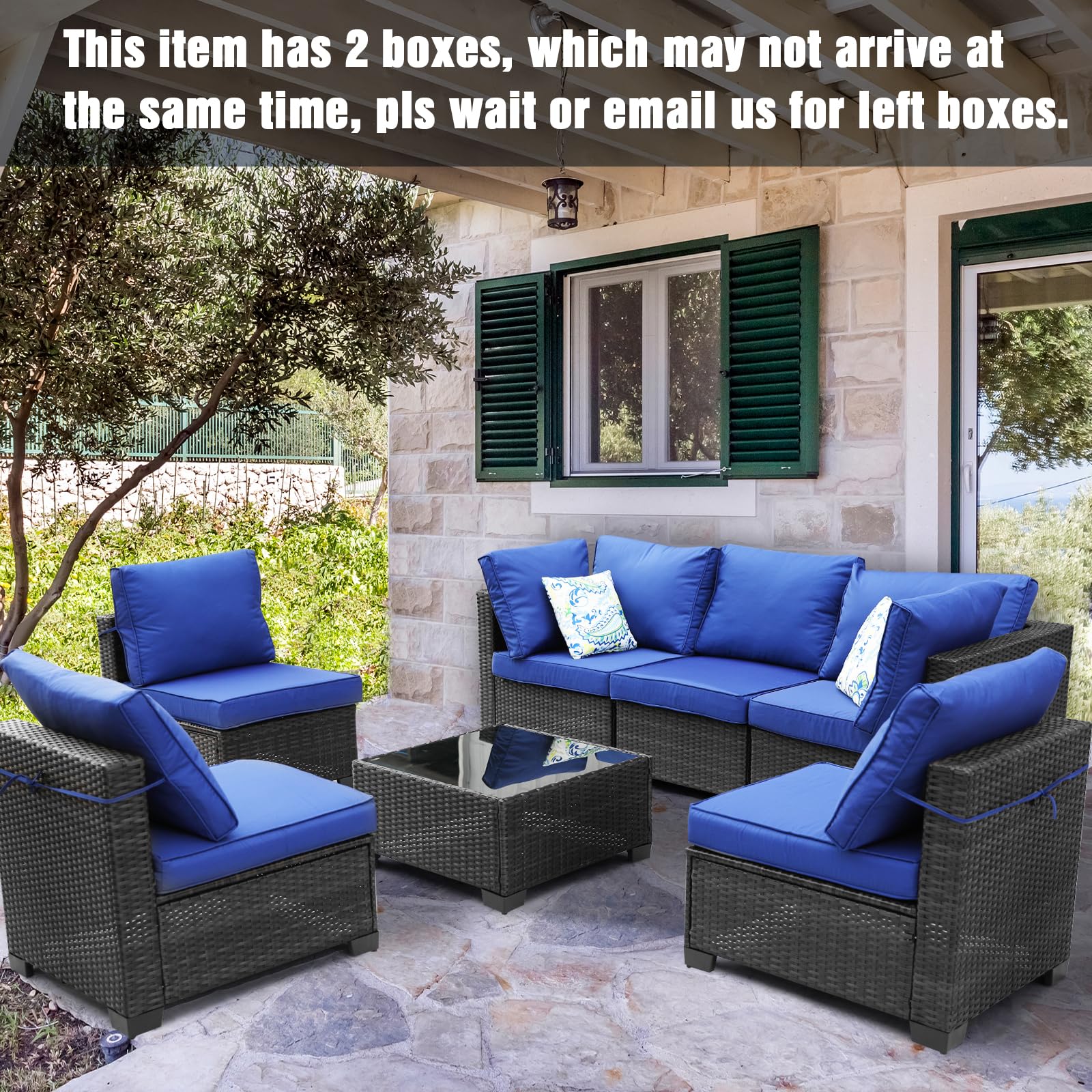 Peacabo 7 Piece Outdoor Patio Conversation Furniture Sets Wicker Furniture Set, Outdoor Sectional Furniture, for Garden Lawn Pool or Backyard, Coffee and Blue