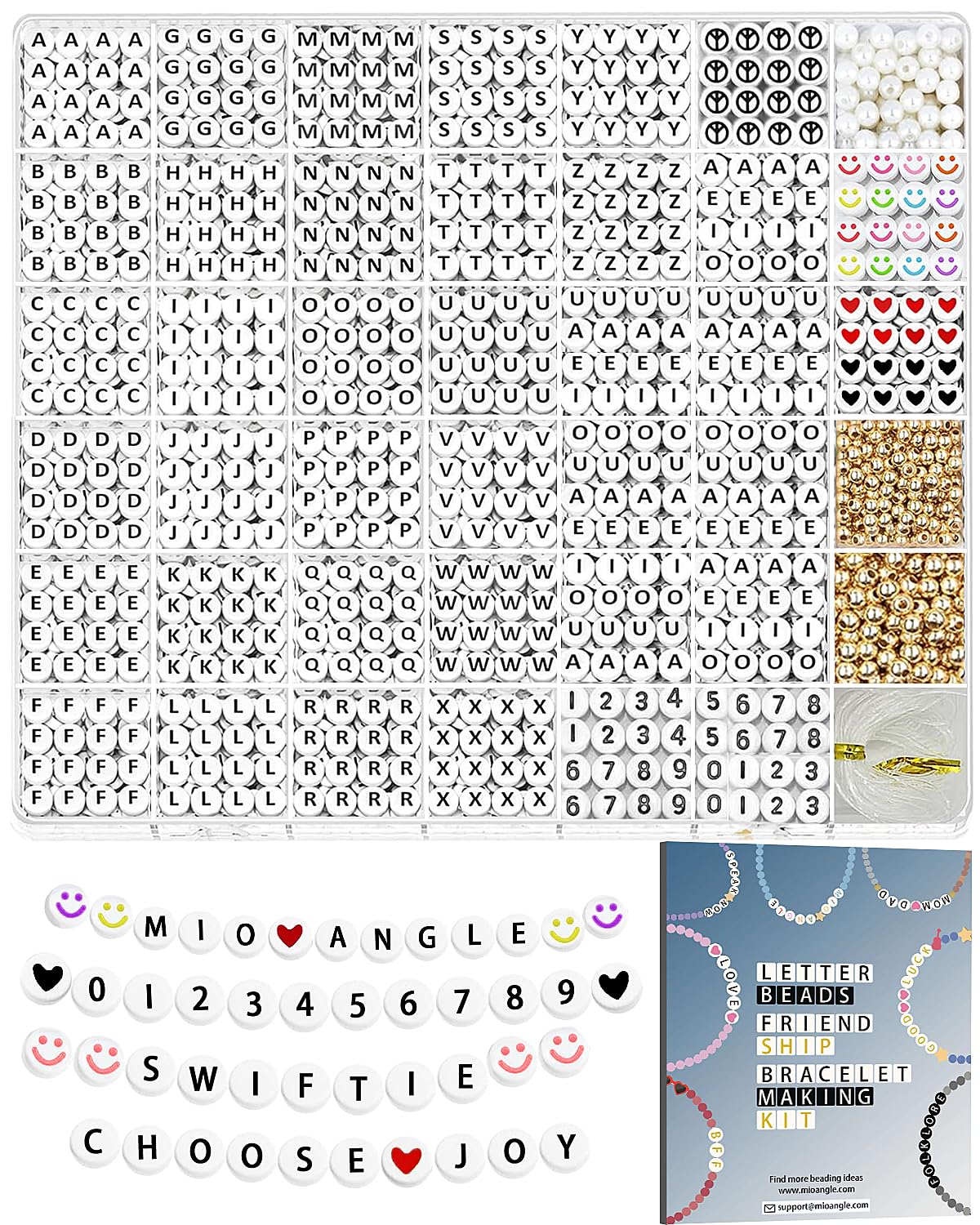 Mio Angle Letter Beads 1640Pcs 39 Styles Friendship Bracelets Assorted Number Beads Preppy Beads Jewelry Making Kit with Beads Case for Teen Girl Gifts Ages 6 7 8 9 10 11 12 （Black Letter White Beads）