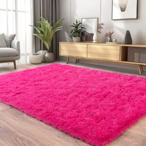 plumlik Fluffy Shag Rug for Bedroom, 4x6 Hot Pink Area Rugs for Living Room, Nursery and Kids Room, Soft and Comfy, Fuzzy Bedside Carpet for Girls and Boys Dorm Home Decor Aesthetic, Upgrade Non Slip