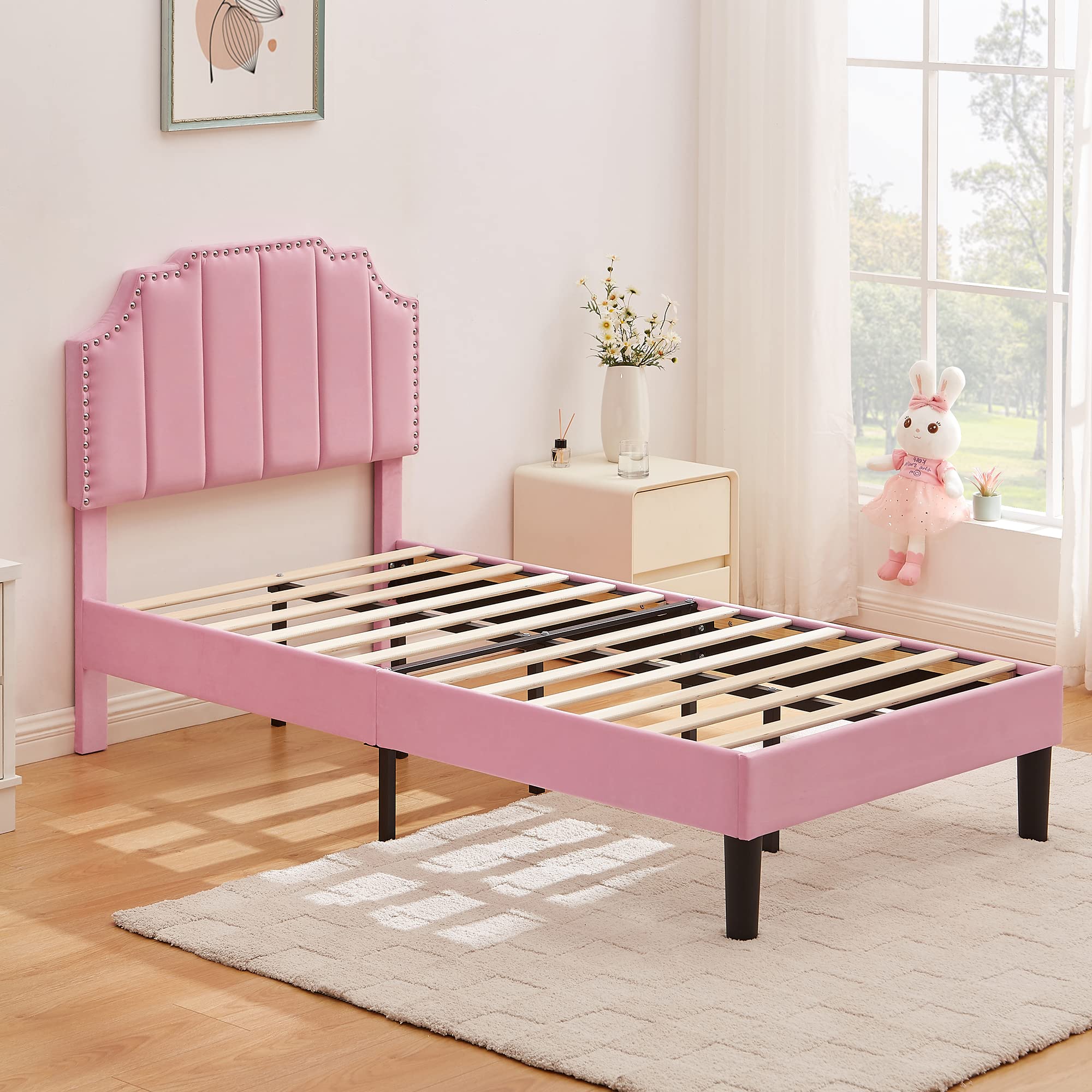 VECELO Twin Upholstered Platform Bed Frame for Kids,Girls,Boys,with Tufted Adjustable Headboard/Mattress Foundation/Wood Slat Support,Easy Assembly,Pink