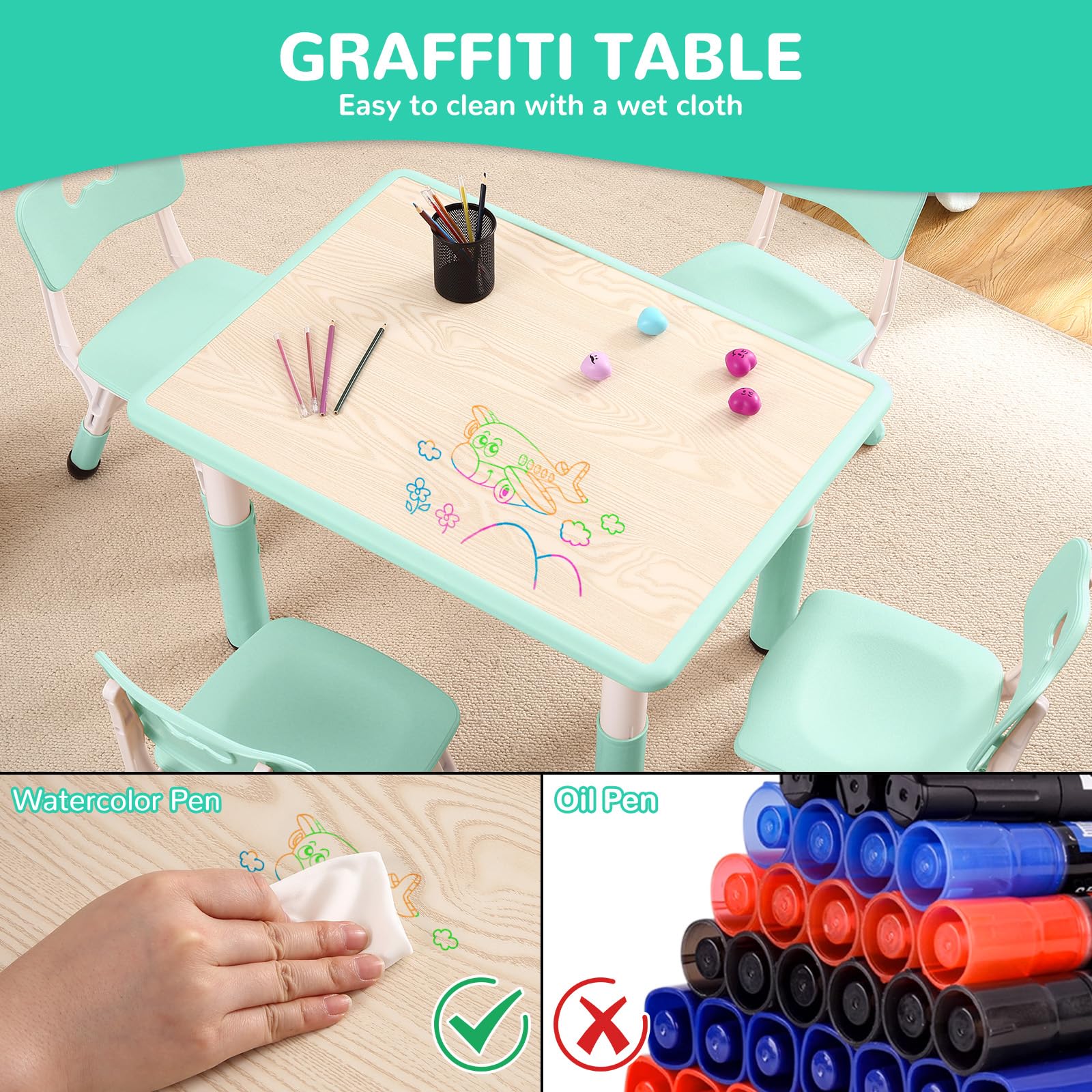 MilleLoom Kids Table and 4 Chairs Set, Height Adjustable Desk for Ages 2-8,Arts & Crafts Table,Graffiti Desktop, Non-Slip Legs, Max 300lbs, Children Multi-Activity Table for Classrooms,Daycares,Home