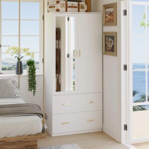 aiegle 2 doors wardrobe armoire with mirror, freestanding mirrored armoire wardrobe closet with 2 drawers, shelves & hanging rod, bedroom wooden clothes organizer, white (31.5" w x 18.9" d x 72" h)