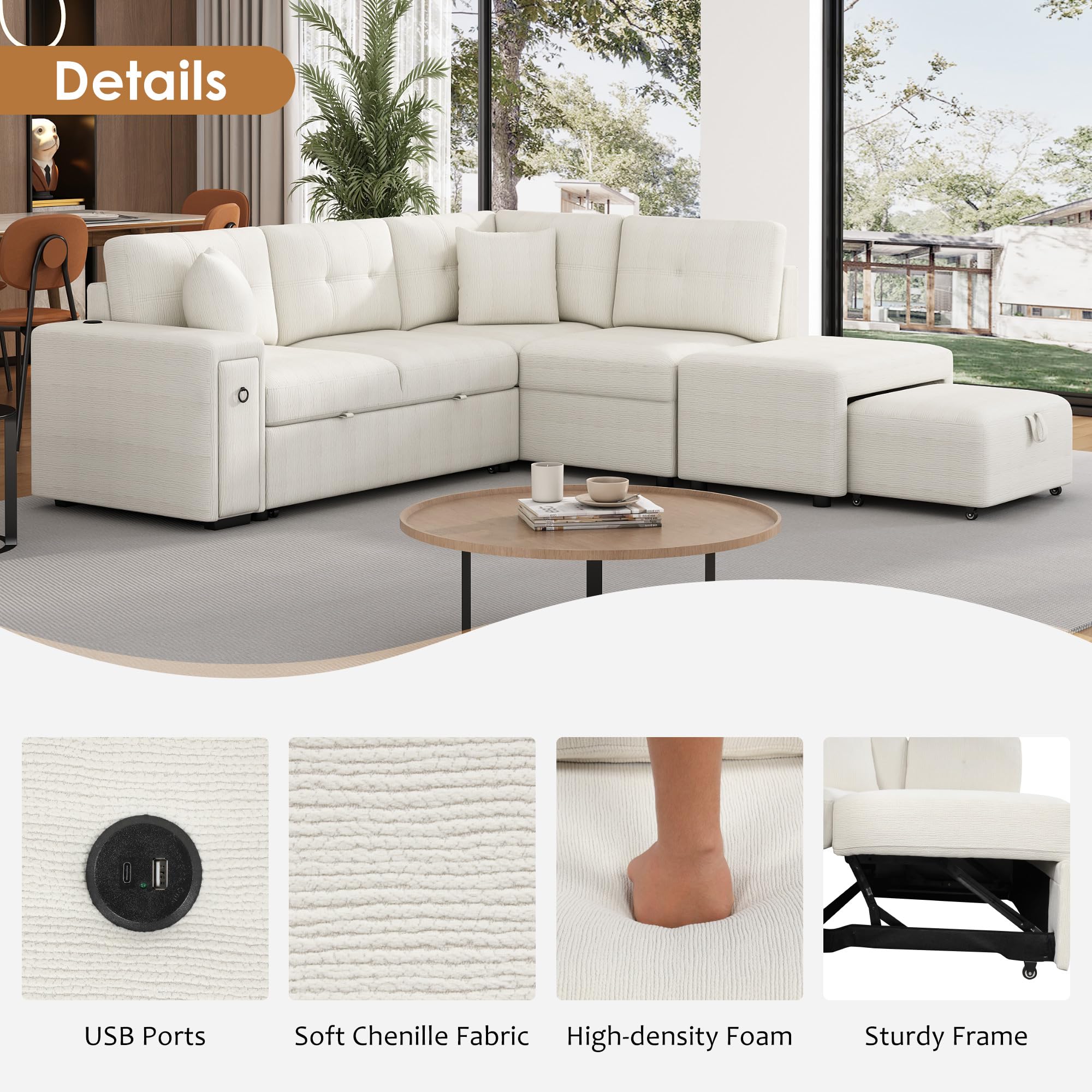 P PURLOVE Pull-Out Sofa Bed, Chenille L-Shaped Sectional Sofa Couch with a Movable Ottoman, 2 USB Ports and 2 Cup Holders for Living Room (Beige)