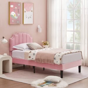 VECELO Twin Upholstered Platform Bed Frame for Kids,Girls,Boys,with Tufted Adjustable Headboard/Mattress Foundation/Wood Slat Support,Easy Assembly,Pink