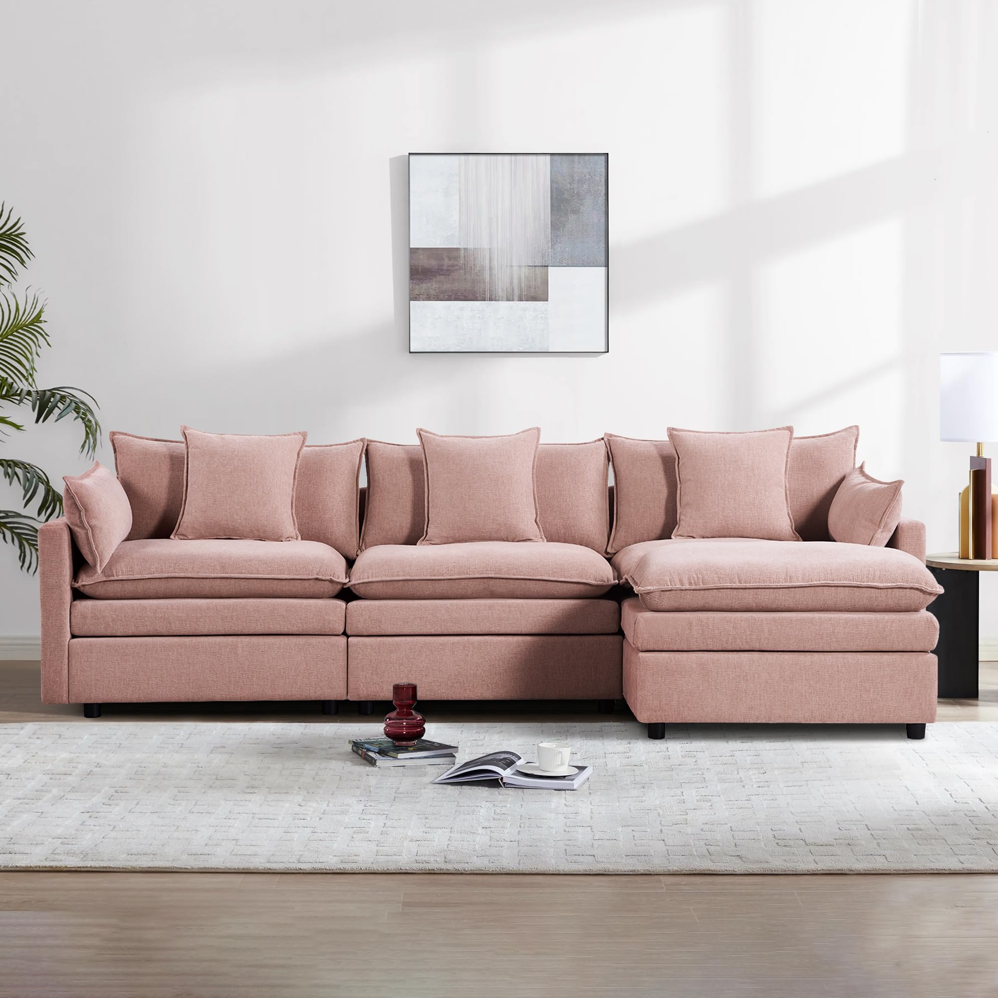 Oversized Modular Sectional Sofa with Ottoman, 108.66" Wide Chenille Cloud Couch, Comfy Upholstered Furniture Sofa Set for Living Room, Apartment, Studio, Office-Shell Pink