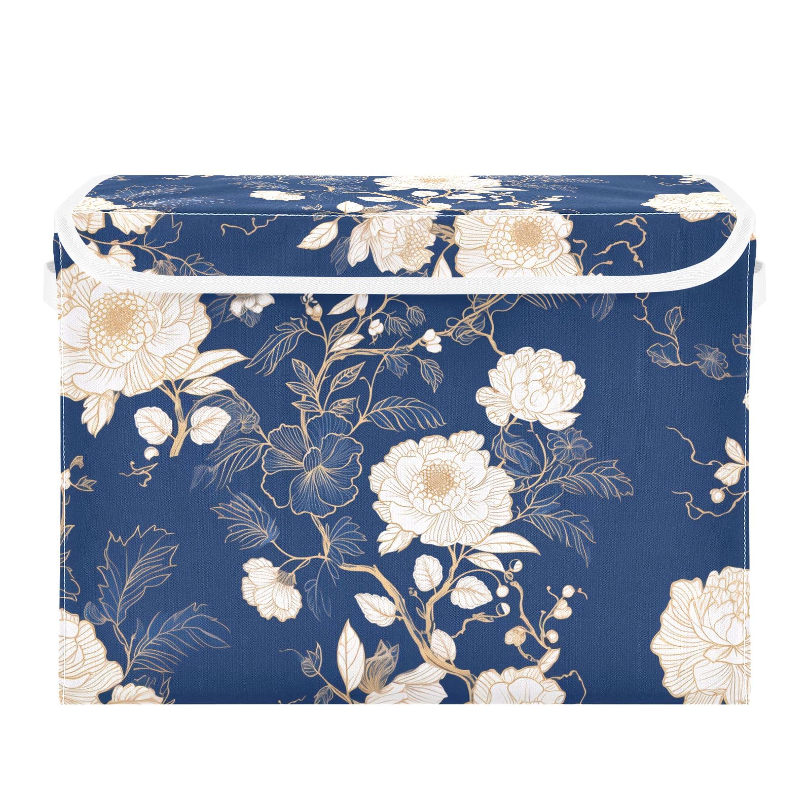 ALAZA Storage Bins Organizer Box Baskets Lidded Clothes for Shelves Closet Peony Navy Collapsible Stackable Storage Cubes Handles