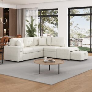 P PURLOVE Pull-Out Sofa Bed, Chenille L-Shaped Sectional Sofa Couch with a Movable Ottoman, 2 USB Ports and 2 Cup Holders for Living Room (Beige)