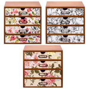 floral set organizer set of 3 - arts and craft ephemera desk storage - 4-level vintage wood shelf drawers, no assembly required