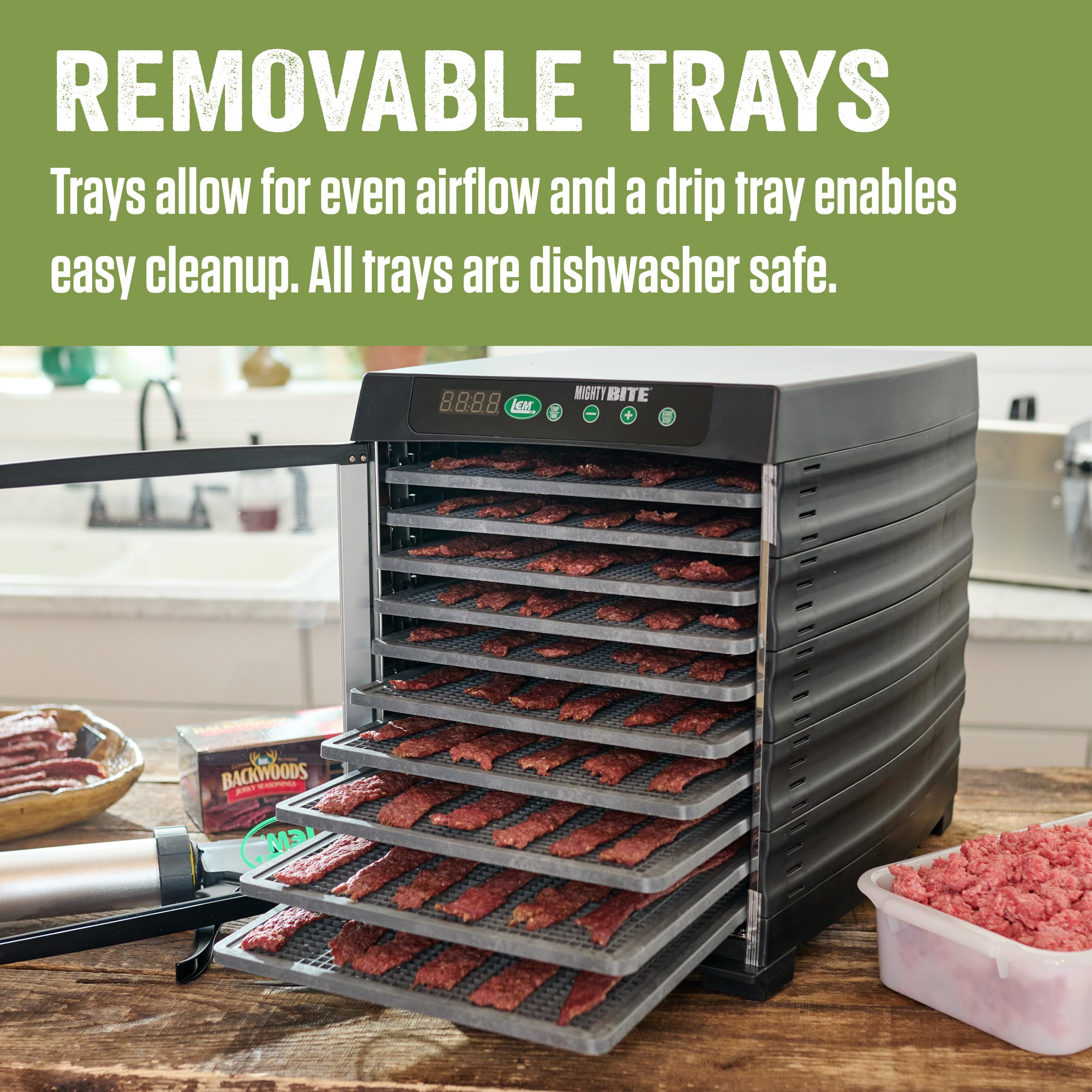 LEM Products MightyBite 10-Tray Dehydrator, Food Dehydrator for Beef Jerky, Meat, Vegetables, and Fruits, Includes Dryer Machine and 10 Trays, Black