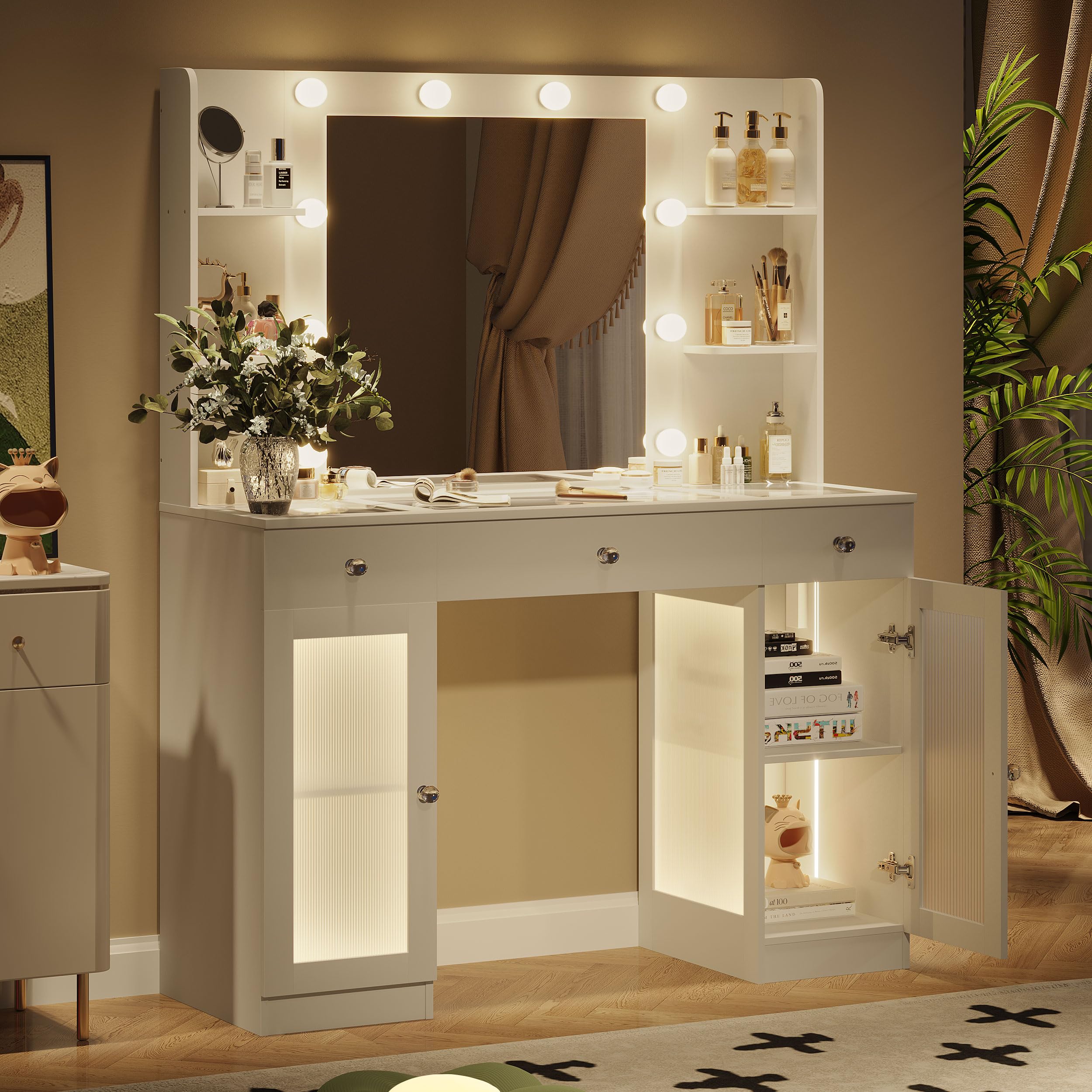 IFSEB Makeup Vanity with Glass Top, White Vanity Desk with Mirror and Lights, Big Vanity with Drawers & Cabinets for Bedroom, Cute Vanity with Crystal Knobs & Power Outlet for Women, Girls